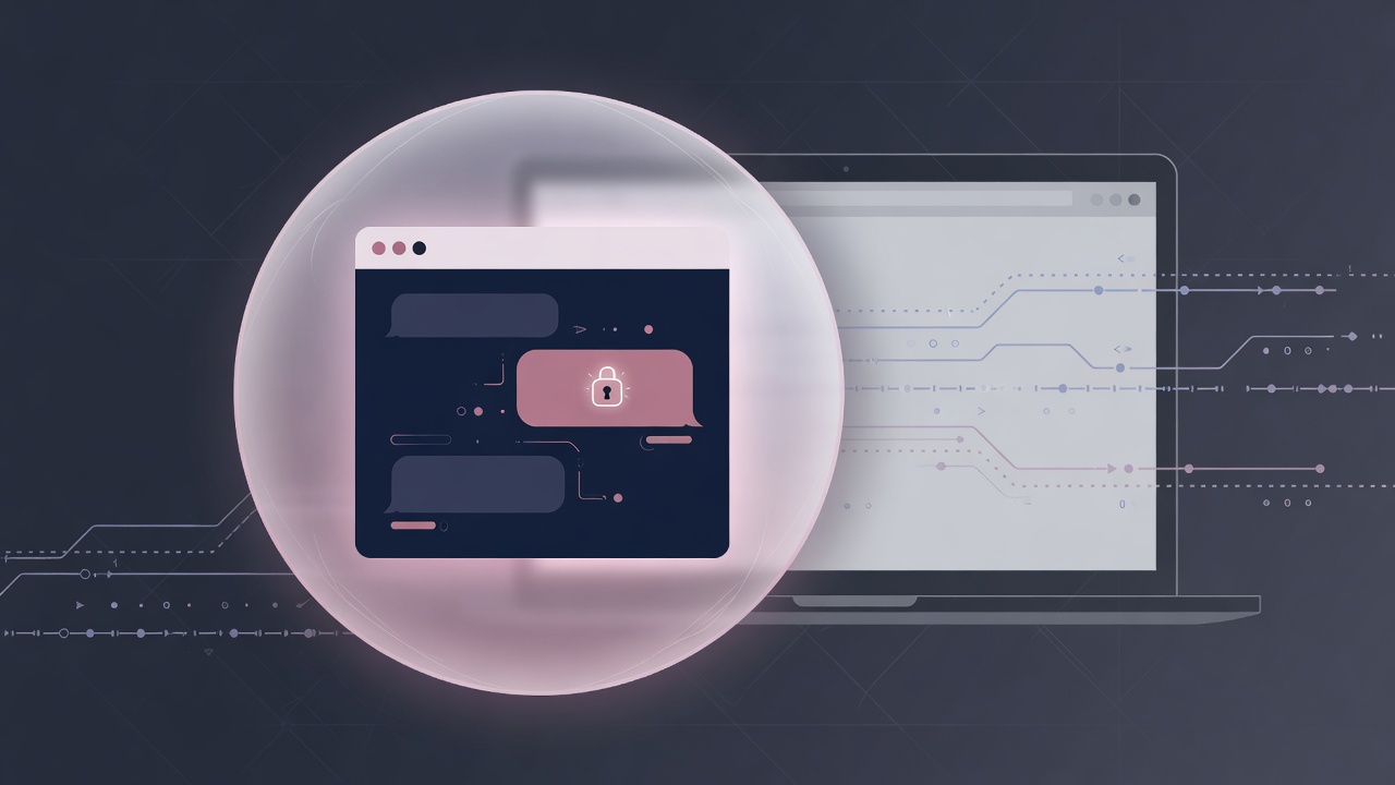 Abstract illustration of privacy in messaging: a protected closed messenger space contrasted with the observable open web
